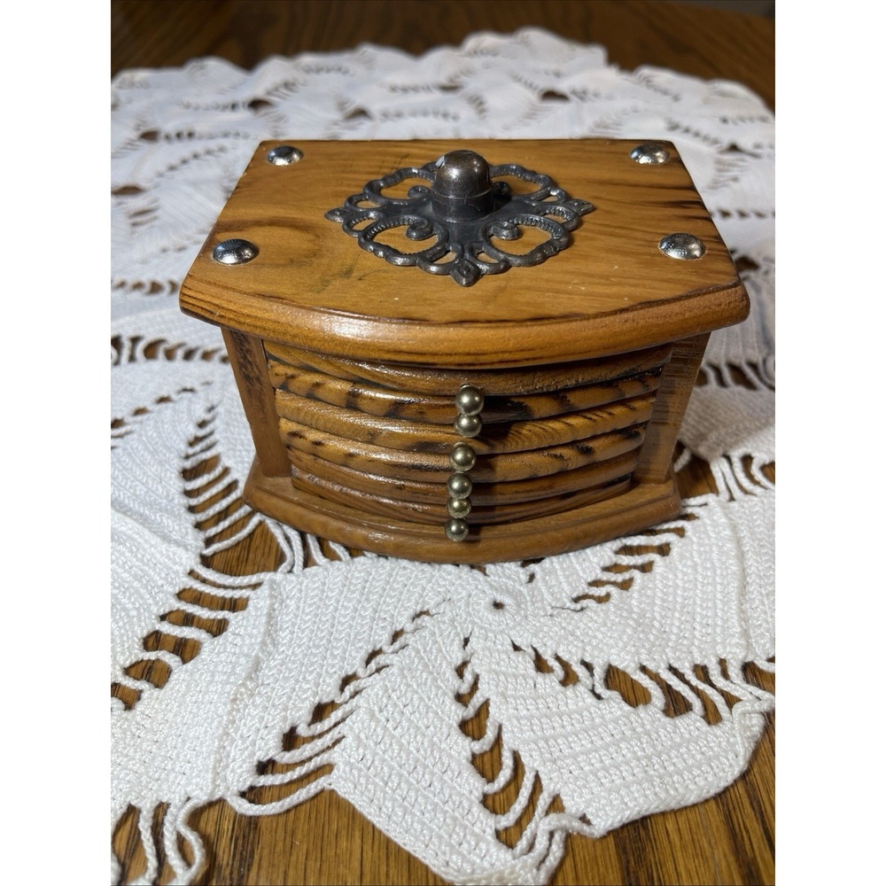 Vintage Cork Coaster Set with Wood Caddy Carrier Holder Set 6